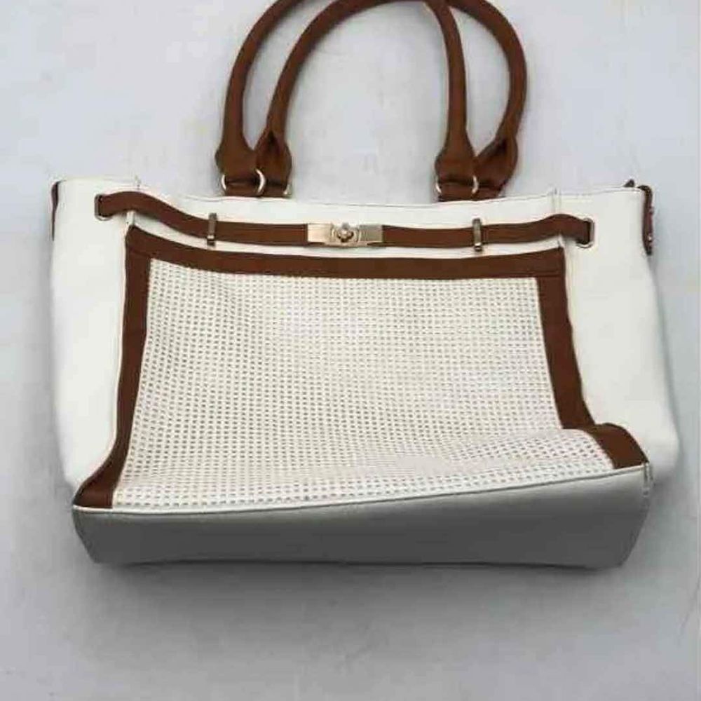 Miztique Designer White Brown Leather Inner Pockets Shoulder Bag Purse Satchel
